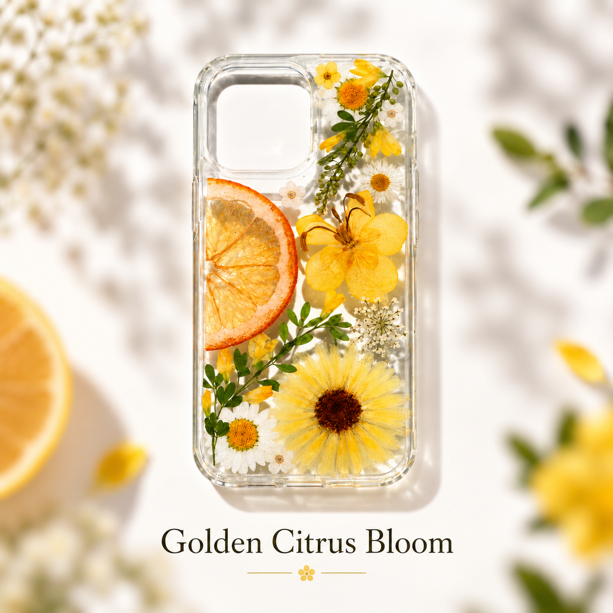 Golden citrus bloom clear floral phone case