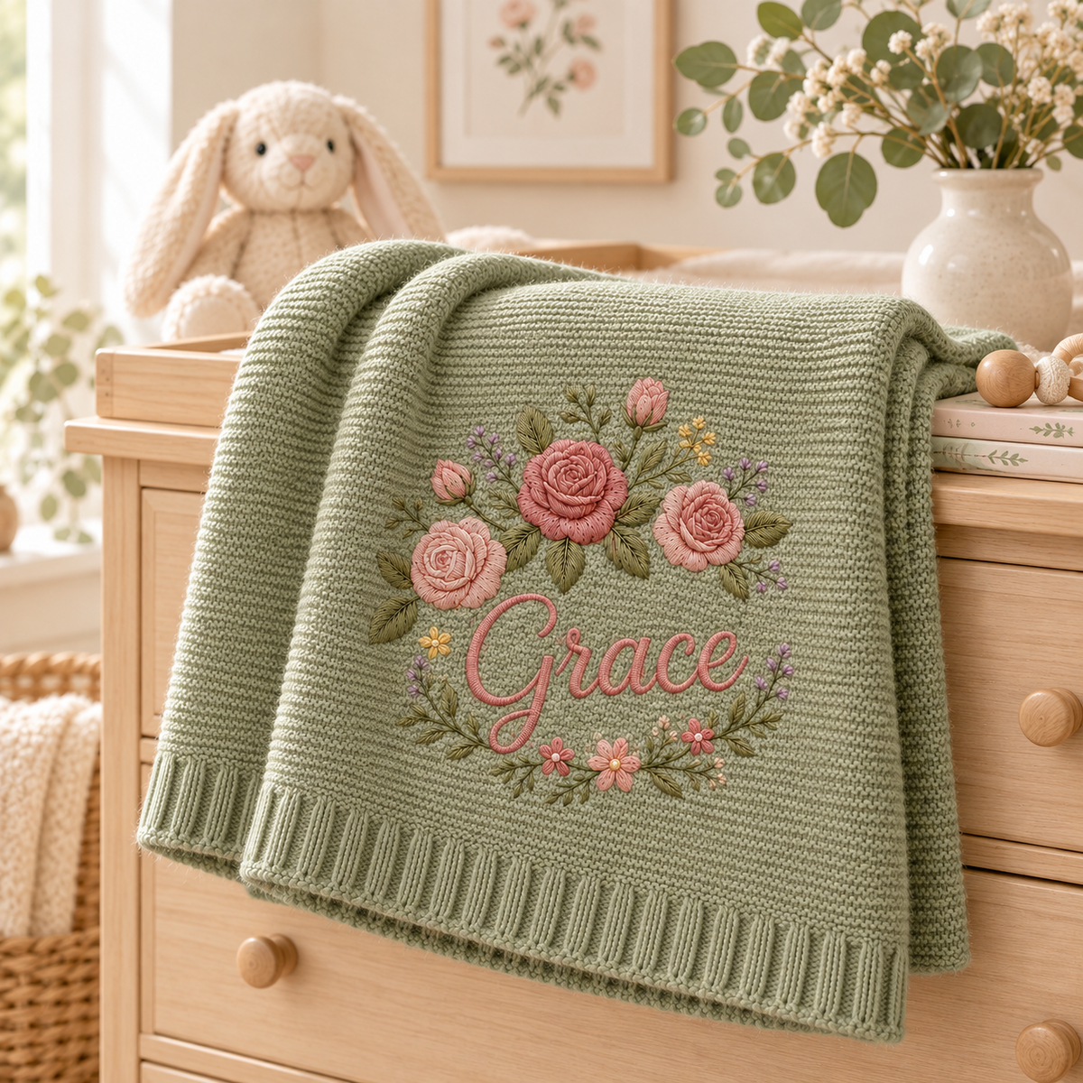 Personalized rose floral baby blanket in sage green