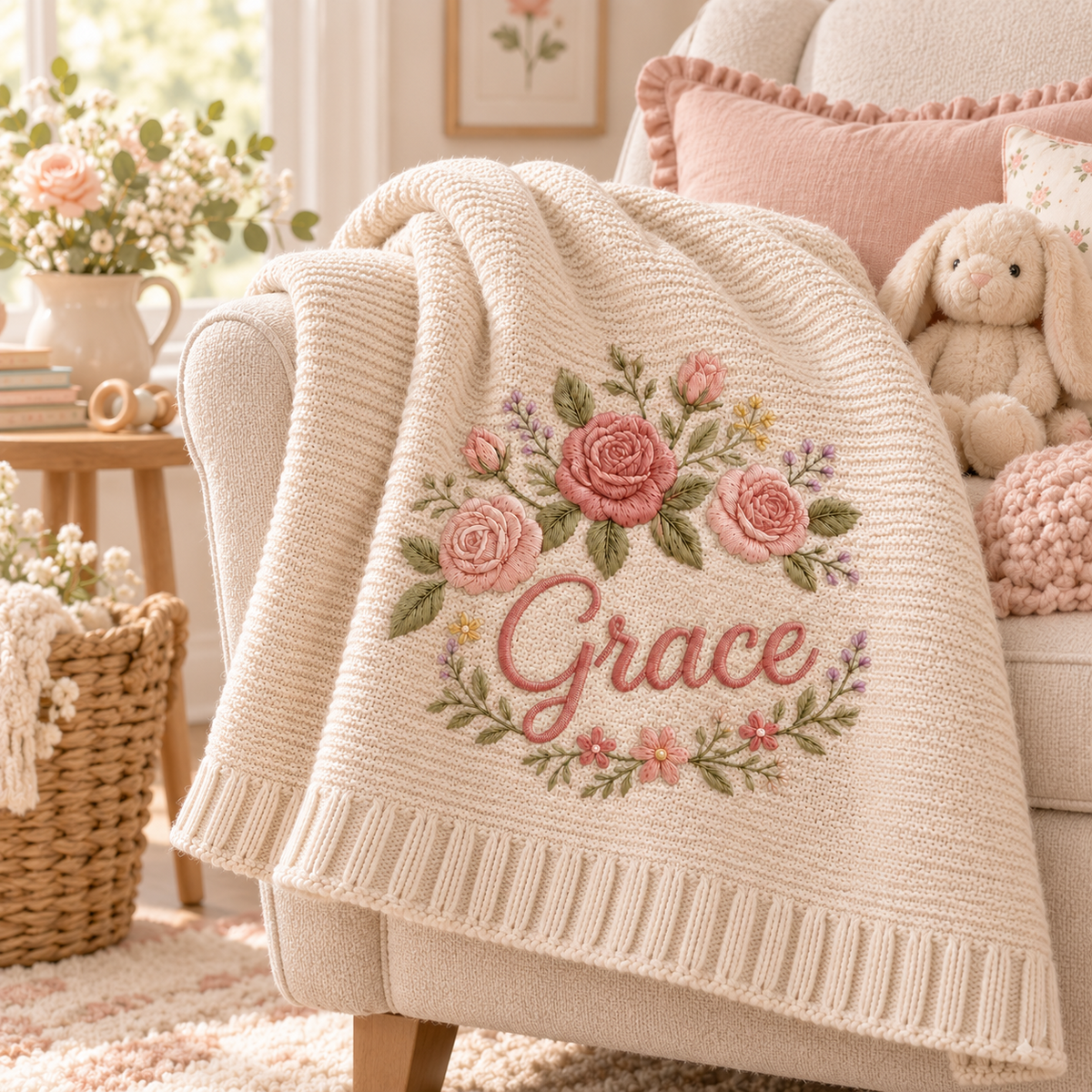 Personalized rose floral baby blanket draped on chair
