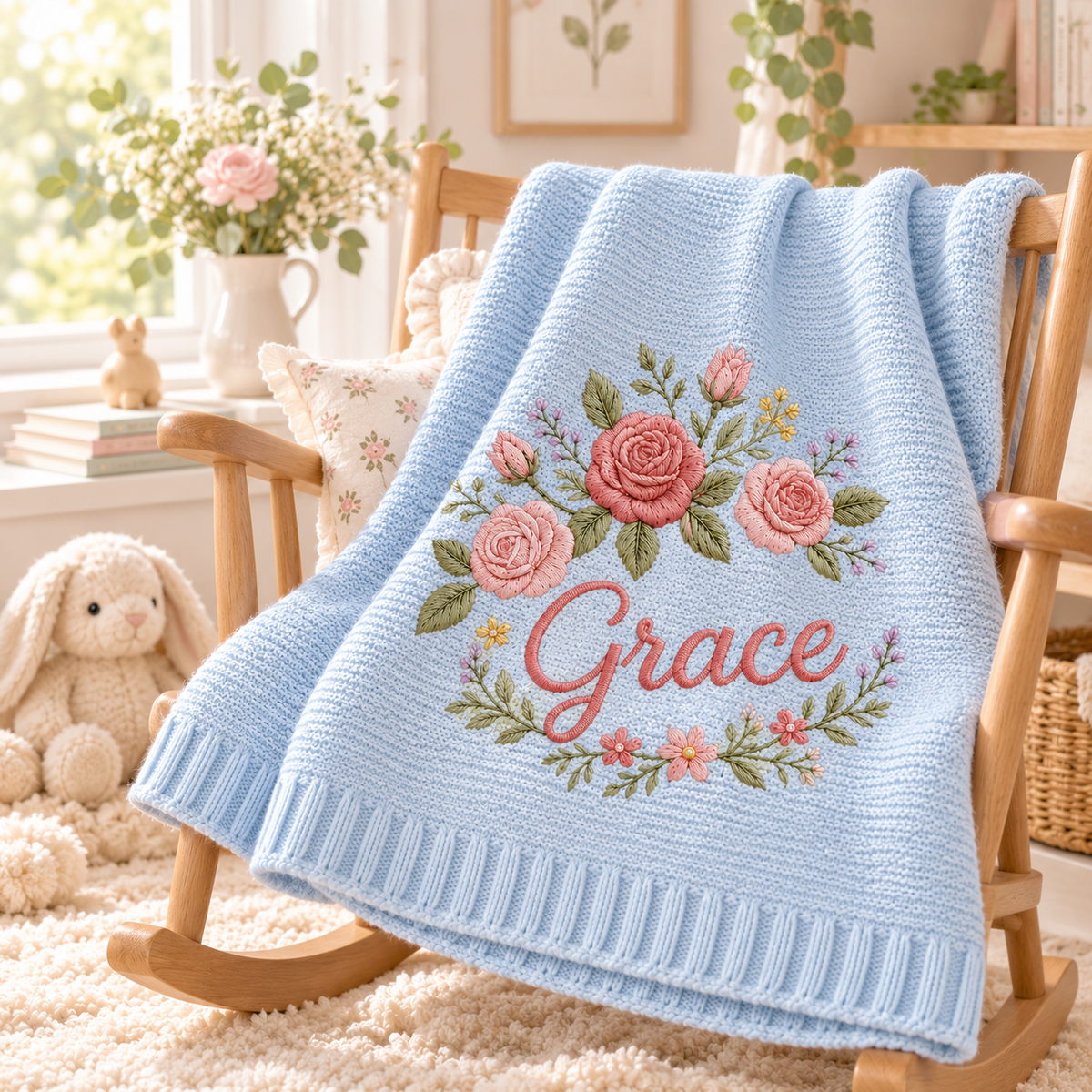 Personalized rose floral baby blanket in sky blue