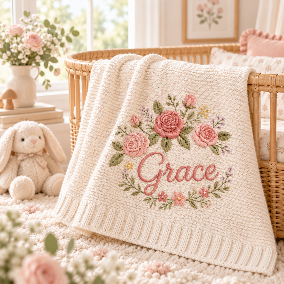 Personalized rose floral baby blanket nursery mockup