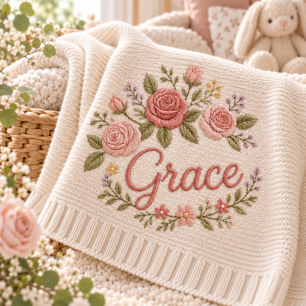 Rose floral personalized baby blanket in cream