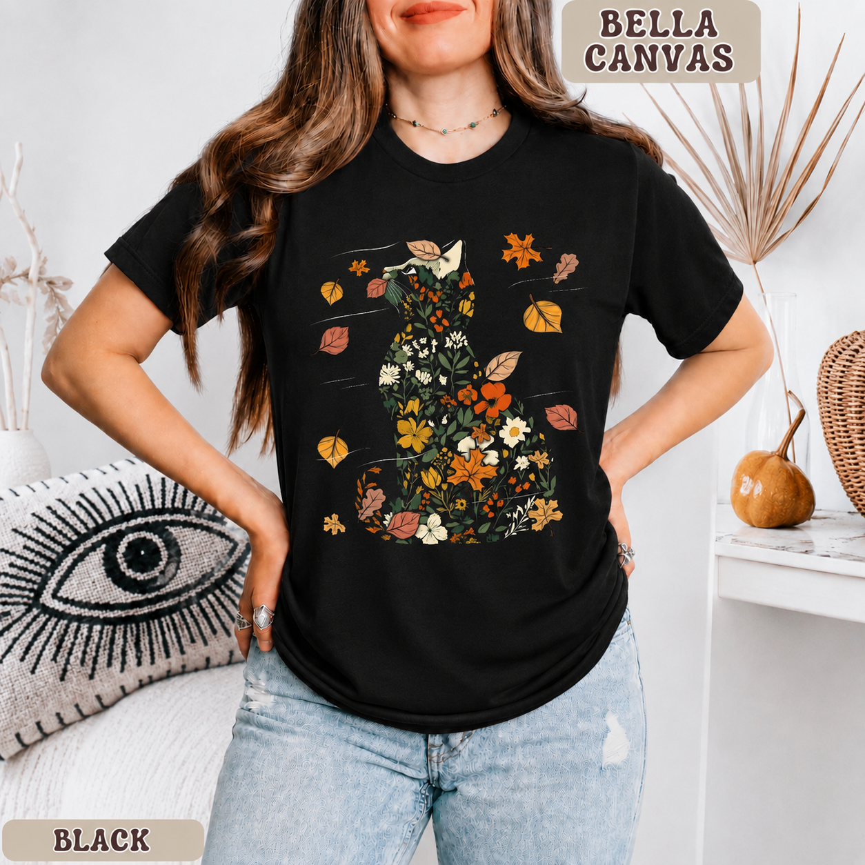 Autumn Cat Botanical Tee - Bella Canvas 3001 Premium Unisex