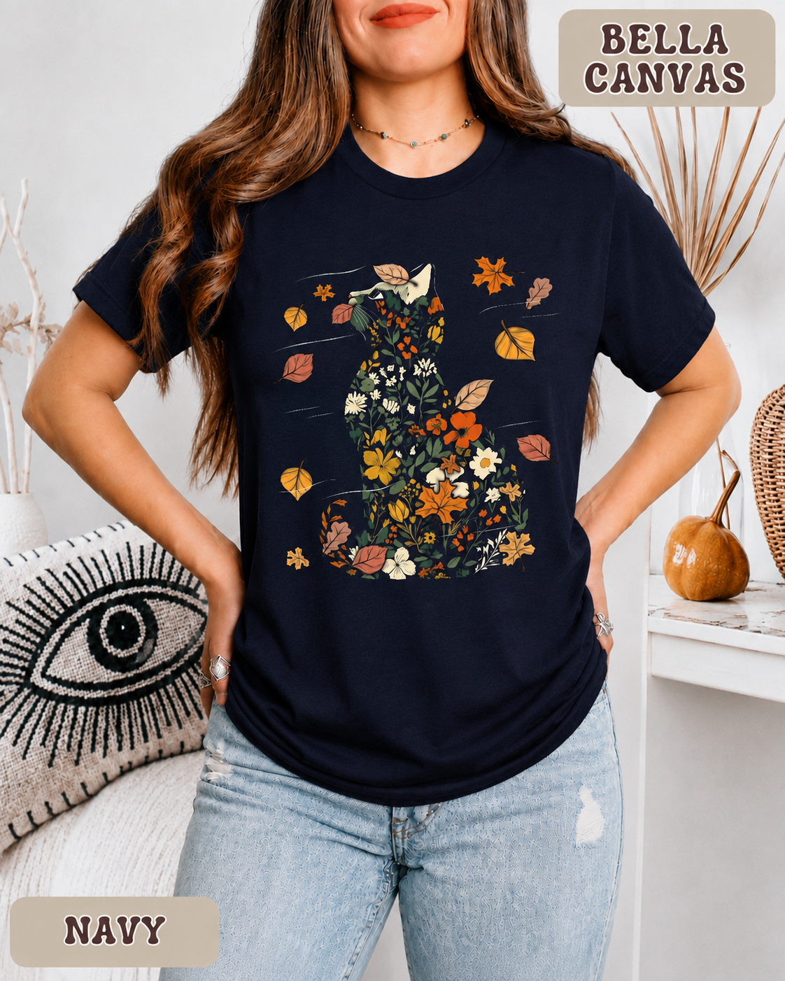 Autumn Cat Botanical Tee - Bella Canvas 3001 Premium Unisex
