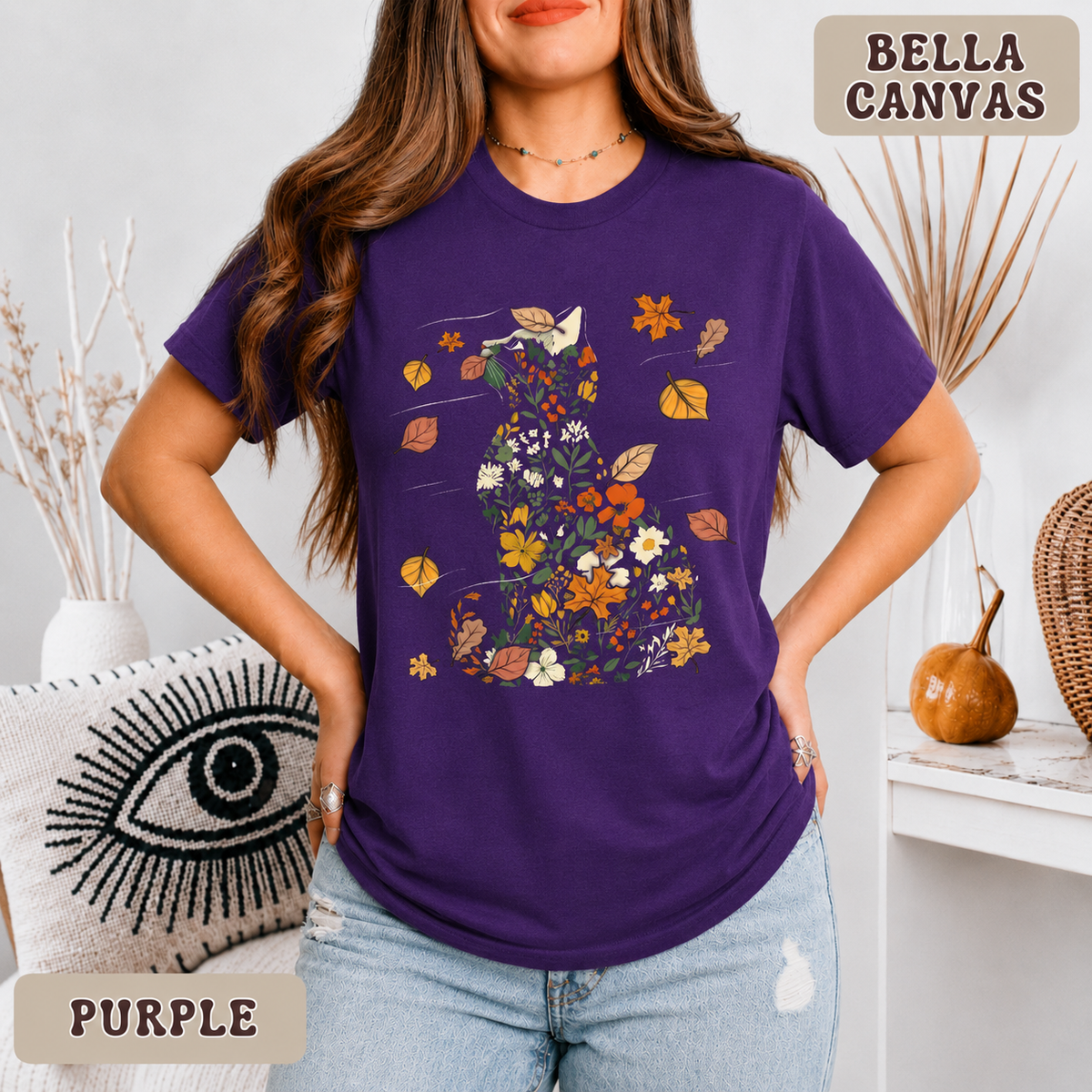Autumn Cat Botanical Tee - Bella Canvas 3001 Premium Unisex