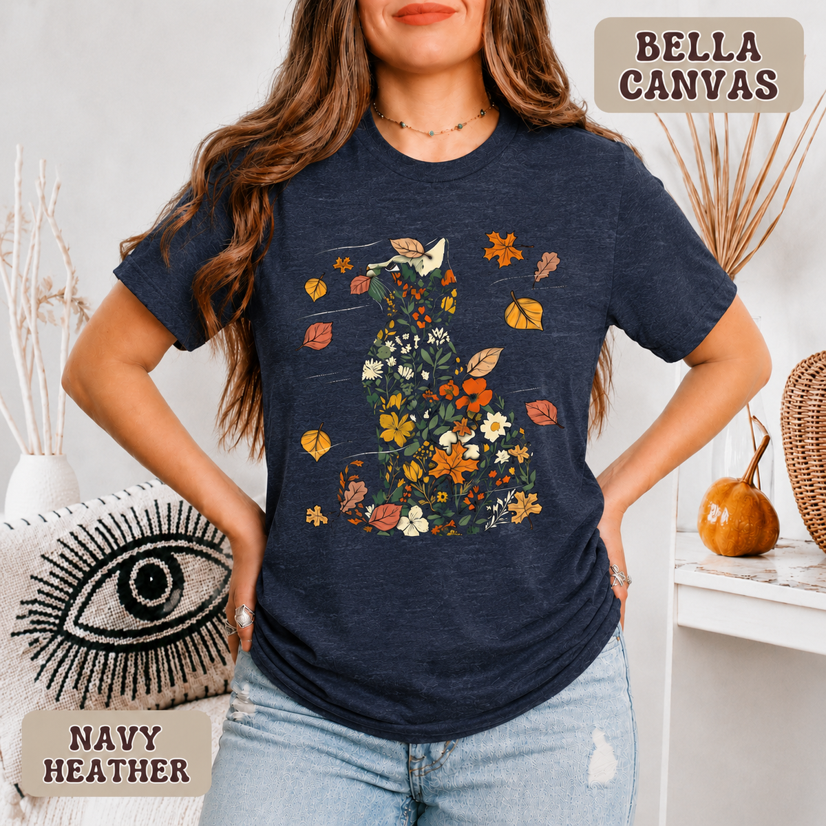 Autumn Cat Botanical Tee - Bella Canvas 3001 Premium Unisex