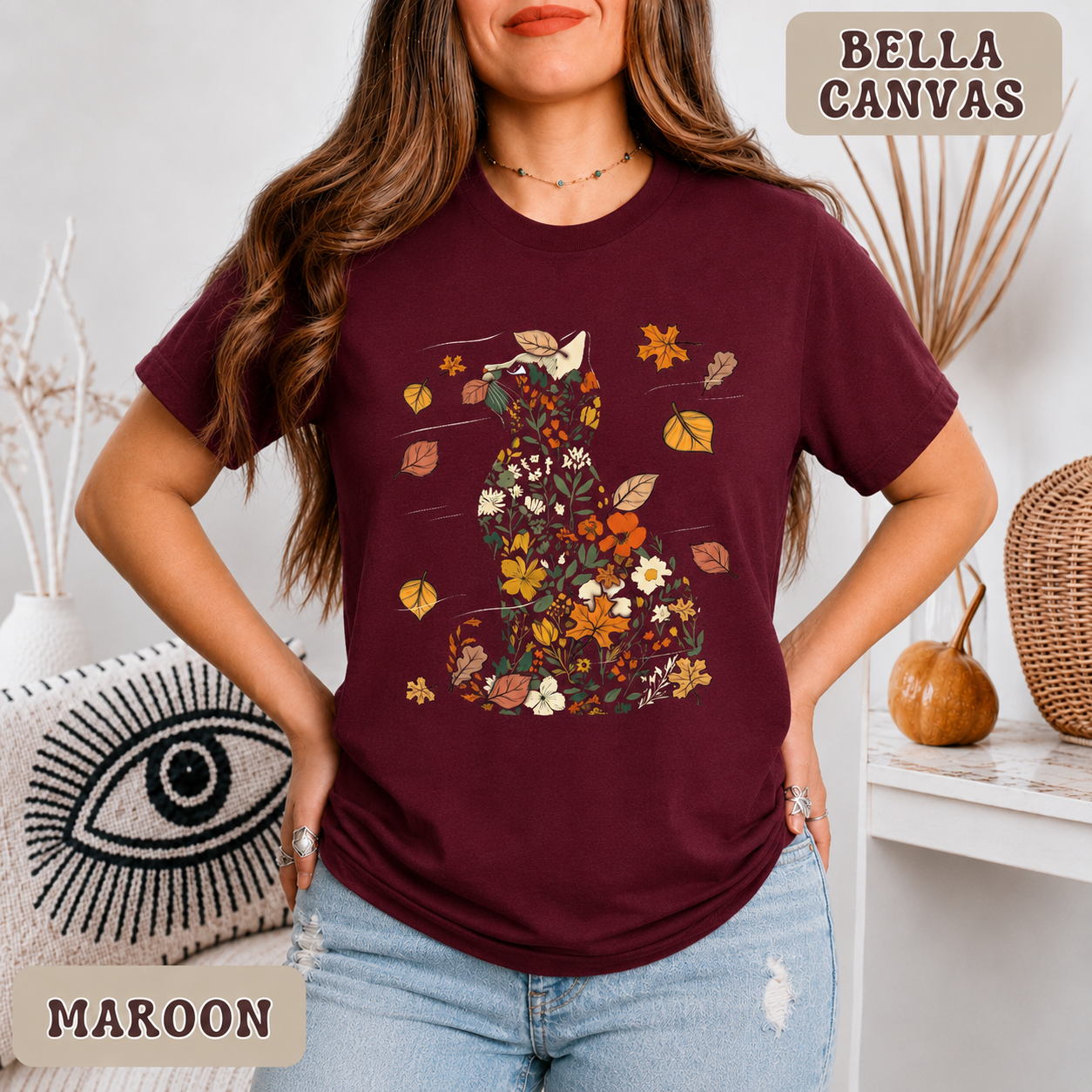 Autumn Cat Botanical Tee - Bella Canvas 3001 Premium Unisex