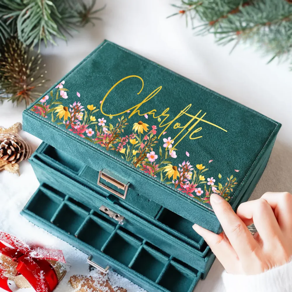 Personalized Flower Jewelry Box | Large Velvet Organizer
