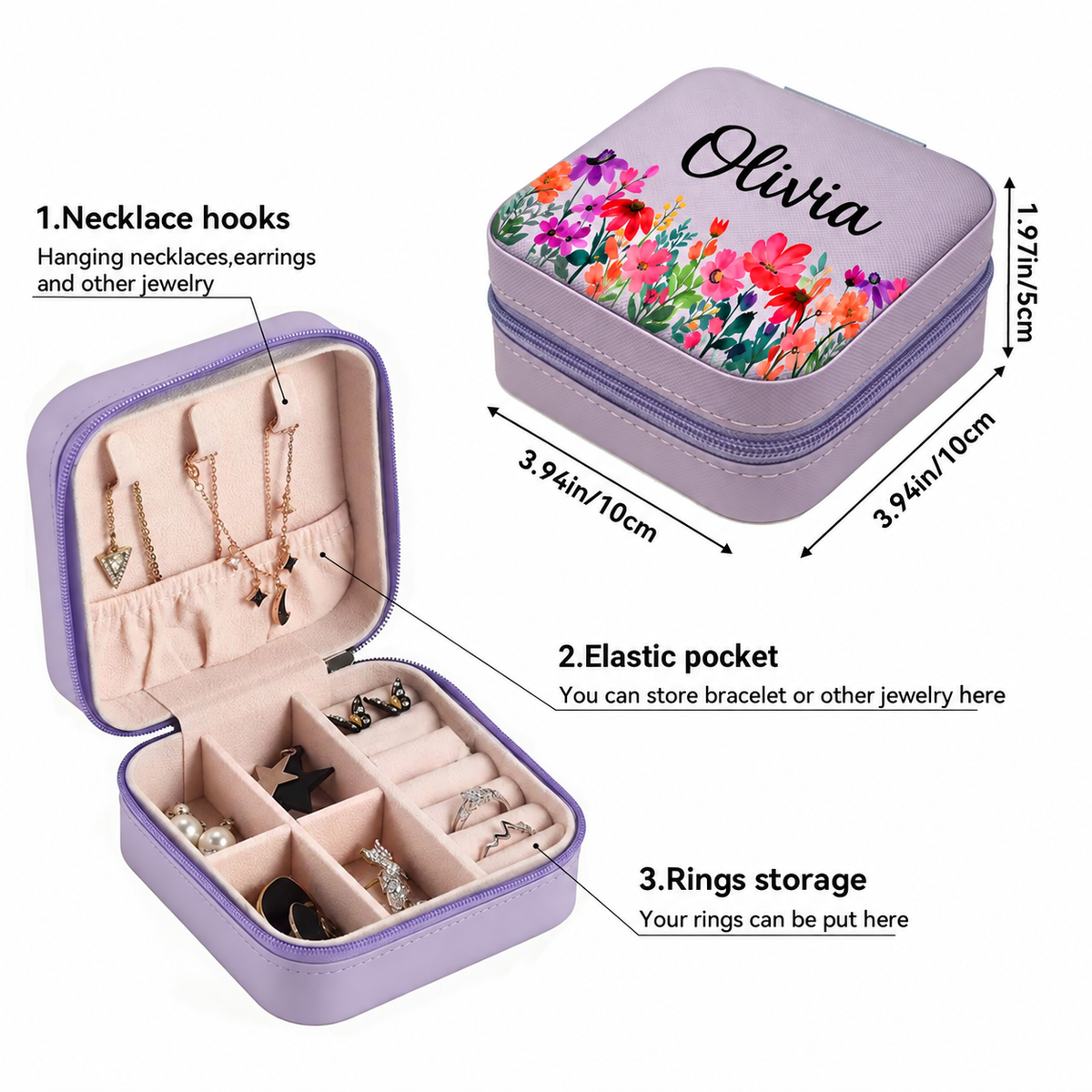 Personalized Floral Travel Jewelry Case | Custom Name