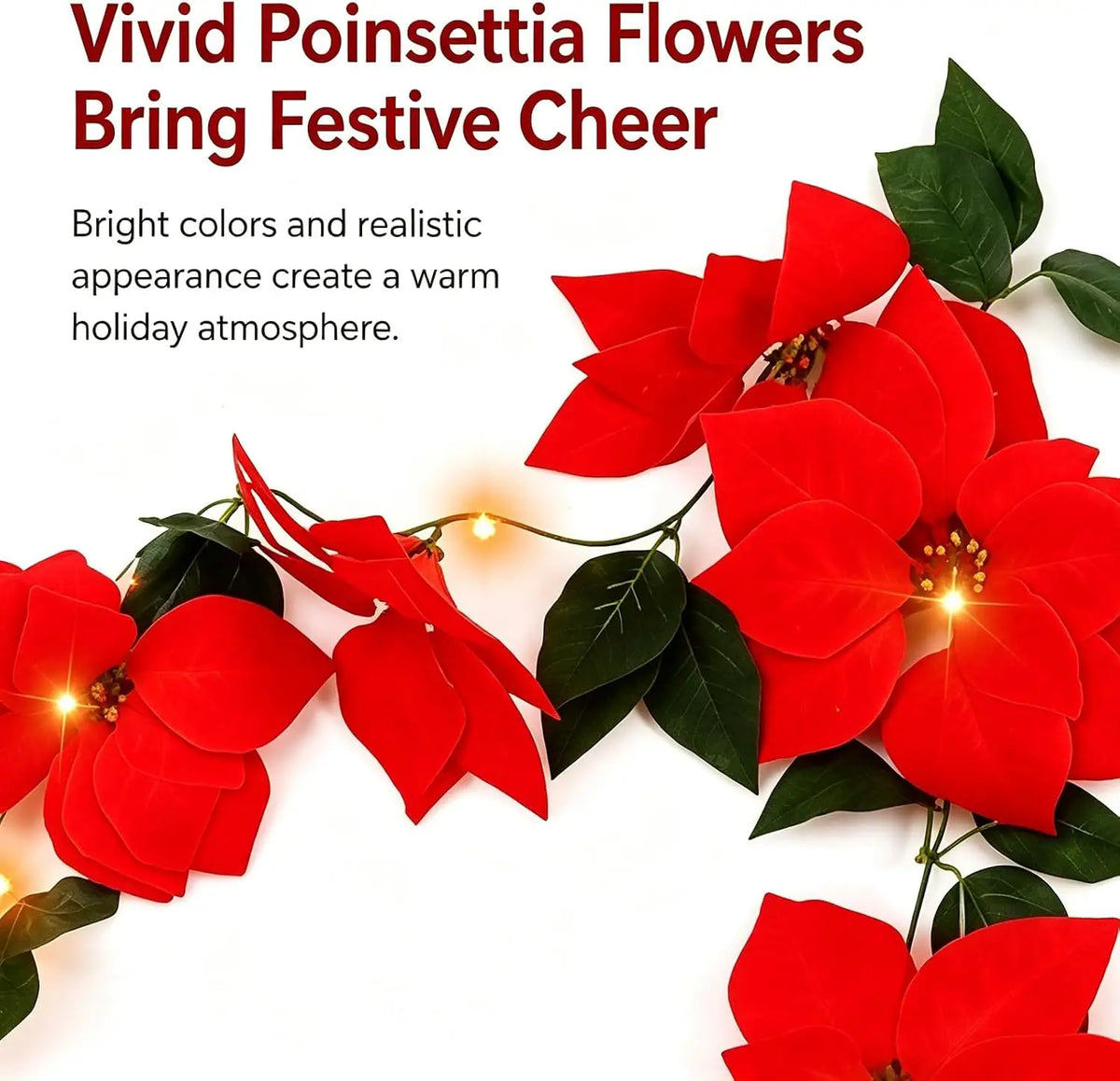 Christmas Poinsettia Garland with LED Lights – 2m/3m - USB Powered Lighted Garland for Mantel, Fireplace, Staircase, Door Décor