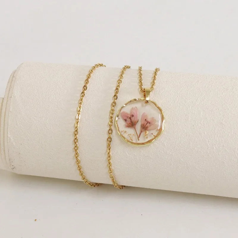 Pressed Flower Resin Necklace | Handmade Real Dried Flower Pendant | Gold Plated Botanical Jewelry
