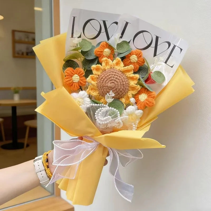 Handmade Crochet Rose & Sunflower Bouquet – Artificial Flowers for Wedding, Birthday Gift
