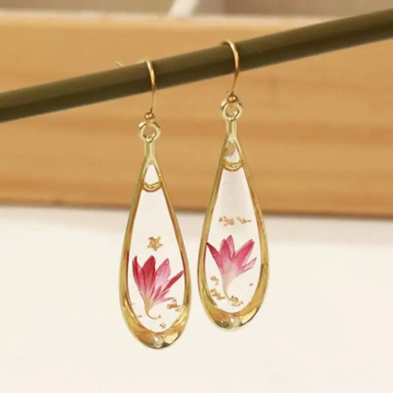 Real Pressed Flower Drop Earrings | Handmade Dried Flower Resin Teardrop Earrings | Gold Plated Botanical Jewelry