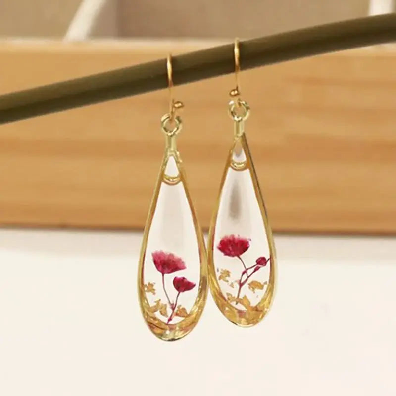Real Pressed Flower Drop Earrings | Handmade Dried Flower Resin Teardrop Earrings | Gold Plated Botanical Jewelry