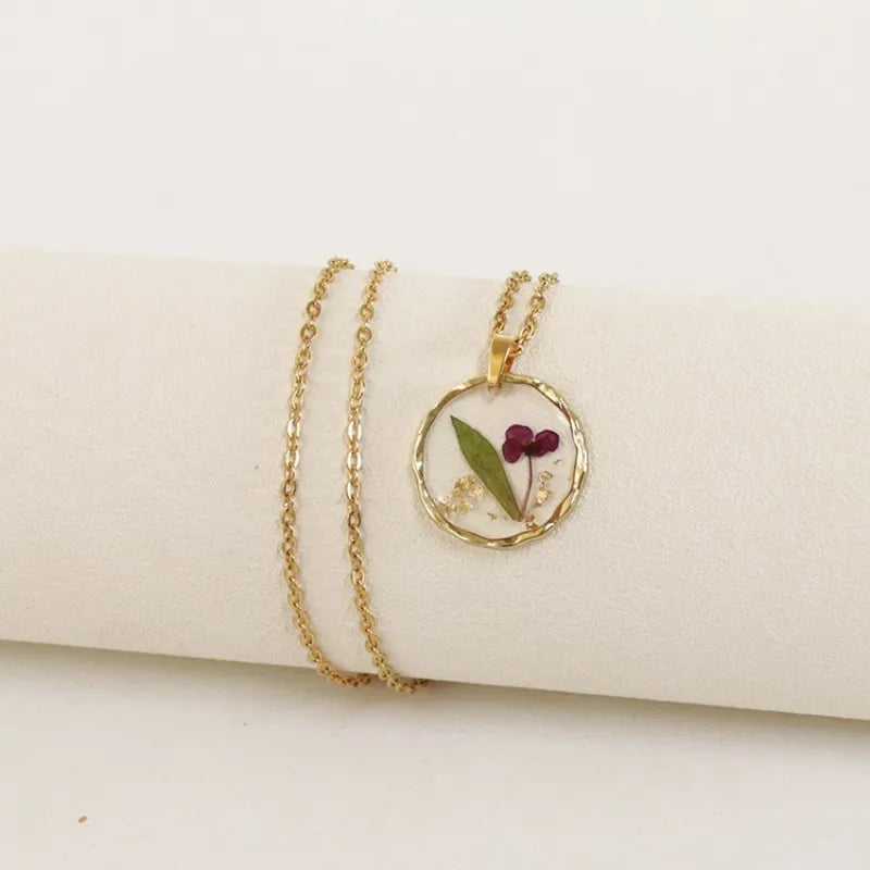 Pressed Flower Resin Necklace | Handmade Real Dried Flower Pendant | Gold Plated Botanical Jewelry