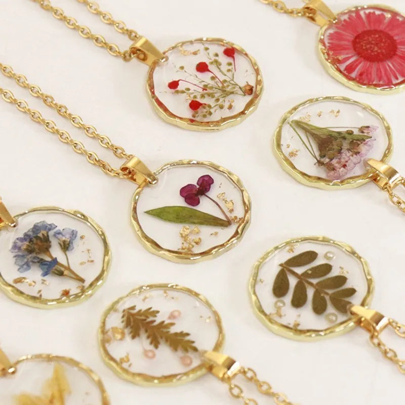 Pressed Flower Resin Necklace | Handmade Real Dried Flower Pendant | Gold Plated Botanical Jewelry