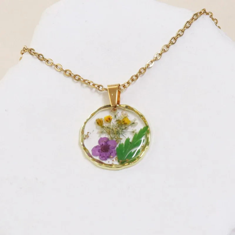 Pressed Flower Resin Necklace | Handmade Real Dried Flower Pendant | Gold Plated Botanical Jewelry