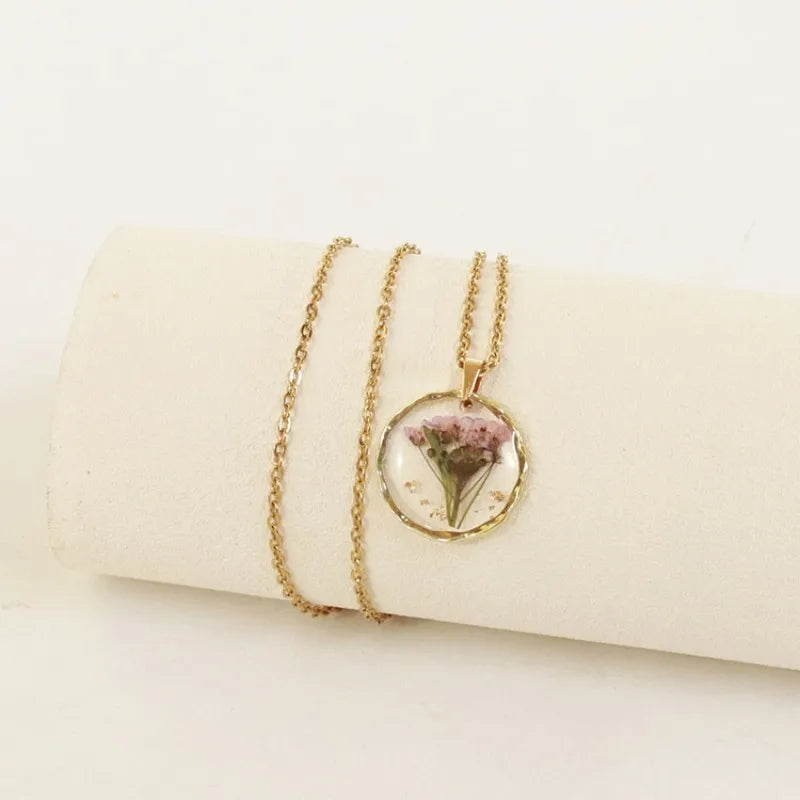 Pressed Flower Resin Necklace | Handmade Real Dried Flower Pendant | Gold Plated Botanical Jewelry