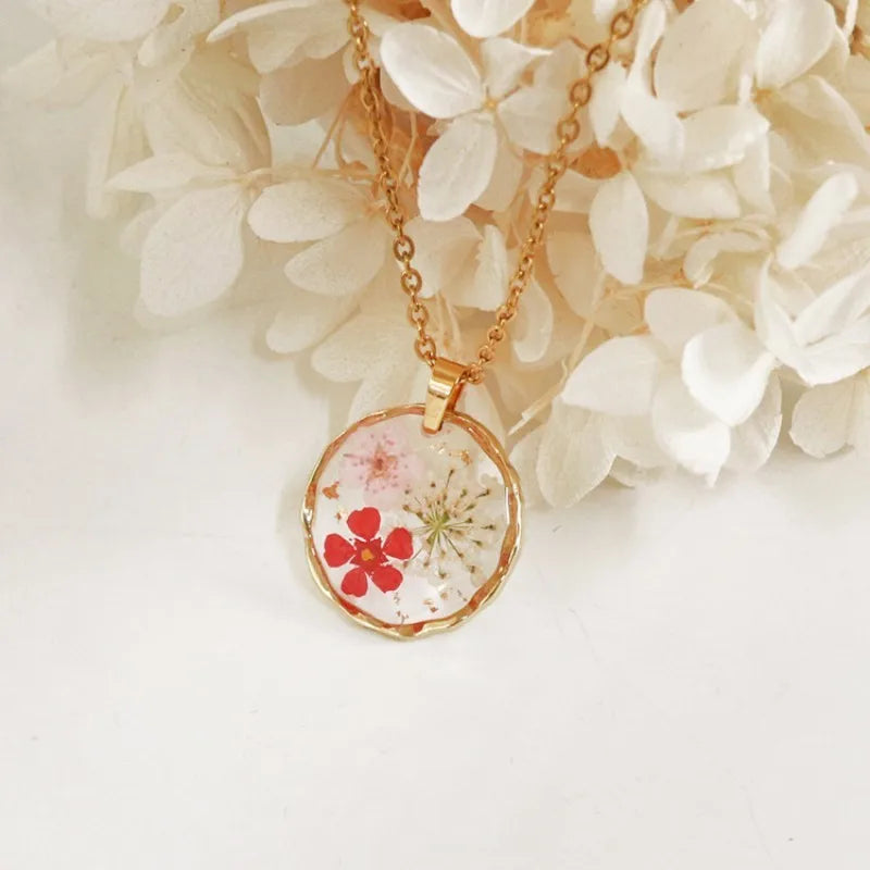 Pressed Flower Resin Necklace | Handmade Real Dried Flower Pendant | Gold Plated Botanical Jewelry