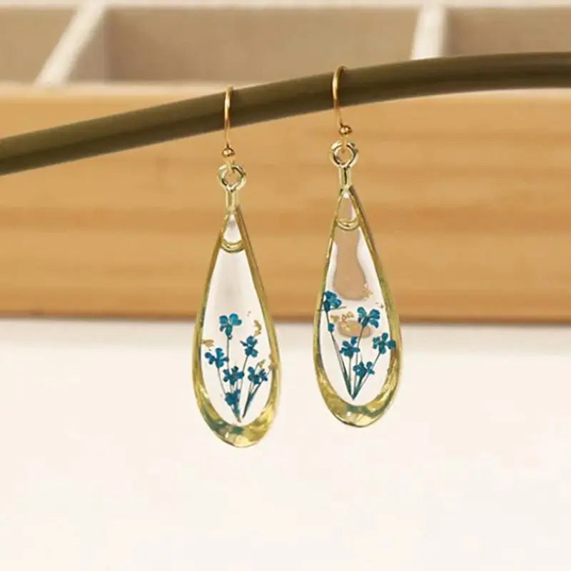 Real Pressed Flower Drop Earrings | Handmade Dried Flower Resin Teardrop Earrings | Gold Plated Botanical Jewelry