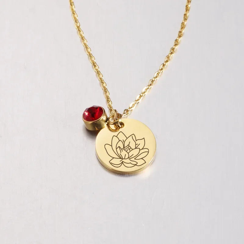 Birth Flower Birthstone Necklace - 18K Gold Plated Stainless Steel Disc Pendant Gift for Her