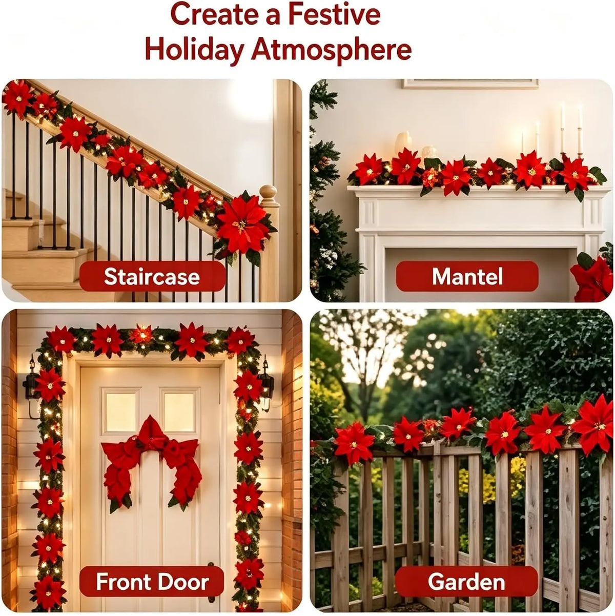 Christmas Poinsettia Garland with LED Lights – 2m/3m - USB Powered Lighted Garland for Mantel, Fireplace, Staircase, Door Décor