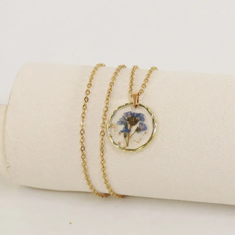 Pressed Flower Resin Necklace | Handmade Real Dried Flower Pendant | Gold Plated Botanical Jewelry