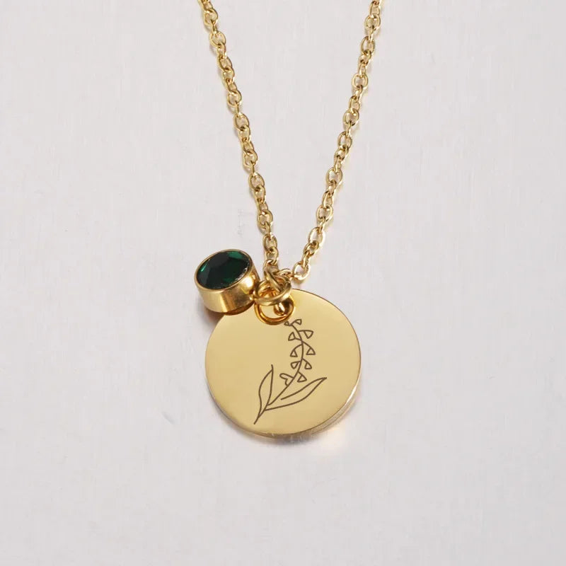 Birth Flower Birthstone Necklace - 18K Gold Plated Stainless Steel Disc Pendant Gift for Her