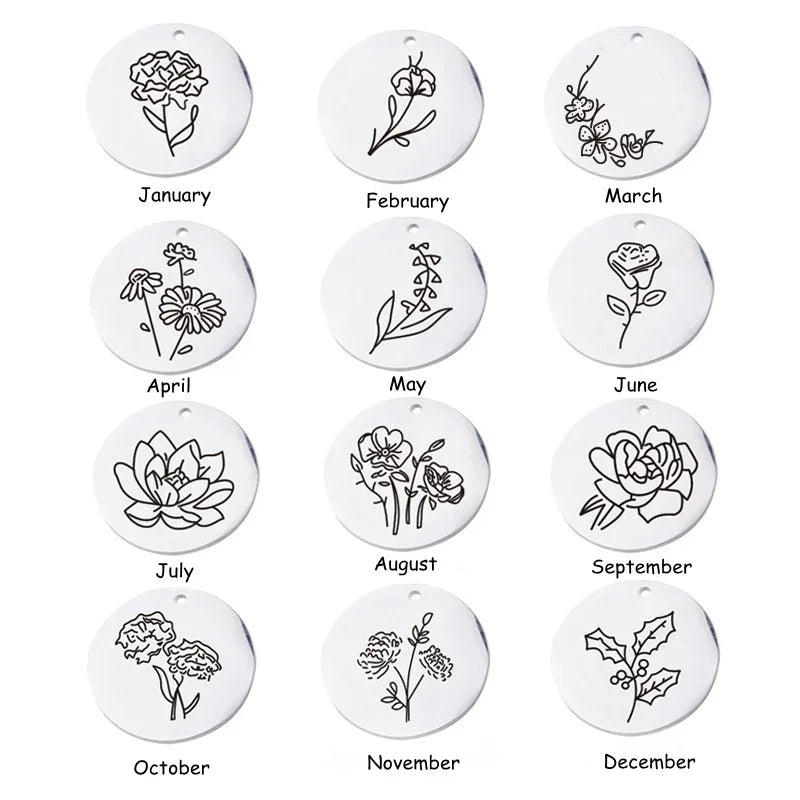Birth Flower Birthstone Necklace - 18K Gold Plated Stainless Steel Disc Pendant Gift for Her