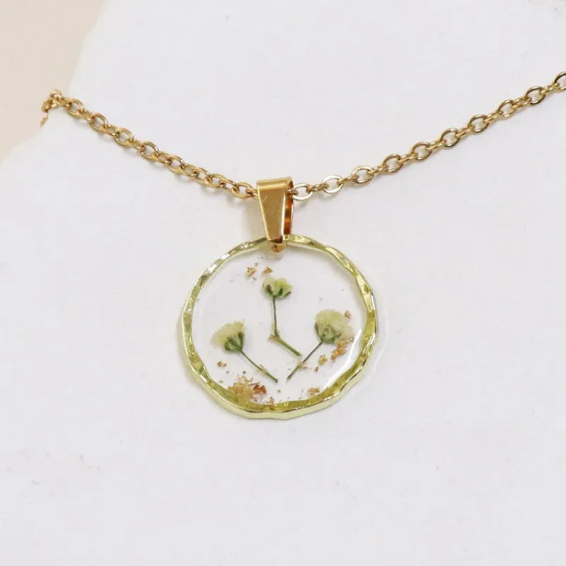 Pressed Flower Resin Necklace | Handmade Real Dried Flower Pendant | Gold Plated Botanical Jewelry