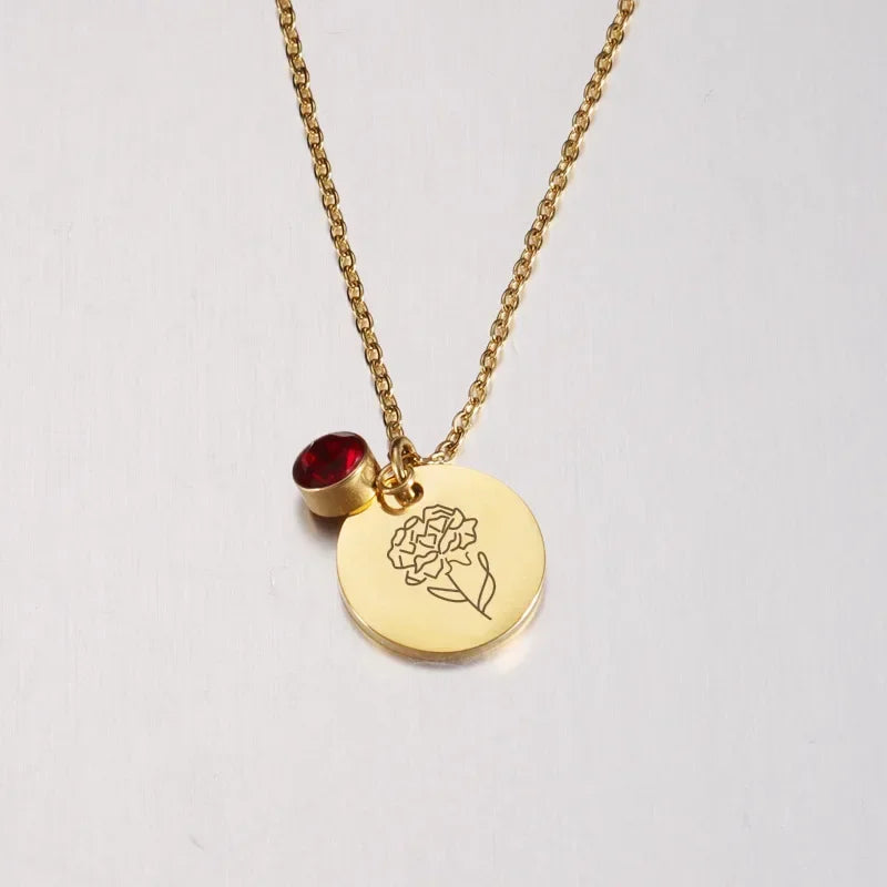 Birth Flower Birthstone Necklace - 18K Gold Plated Stainless Steel Disc Pendant Gift for Her