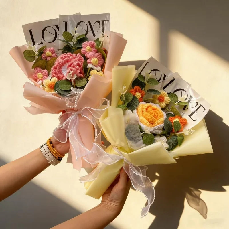 Handmade Crochet Rose & Sunflower Bouquet – Artificial Flowers for Wedding, Birthday Gift