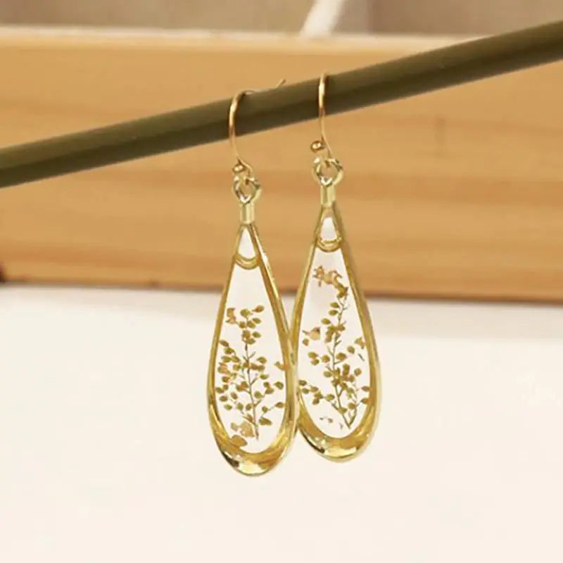 Real Pressed Flower Drop Earrings | Handmade Dried Flower Resin Teardrop Earrings | Gold Plated Botanical Jewelry