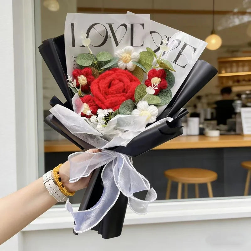 Handmade Crochet Rose & Sunflower Bouquet – Artificial Flowers for Wedding, Birthday Gift