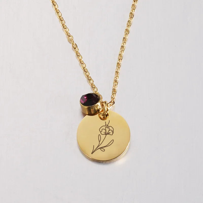 Birth Flower Birthstone Necklace - 18K Gold Plated Stainless Steel Disc Pendant Gift for Her