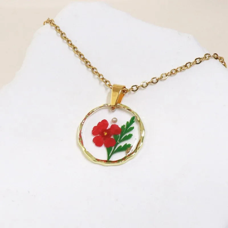 Pressed Flower Resin Necklace | Handmade Real Dried Flower Pendant | Gold Plated Botanical Jewelry
