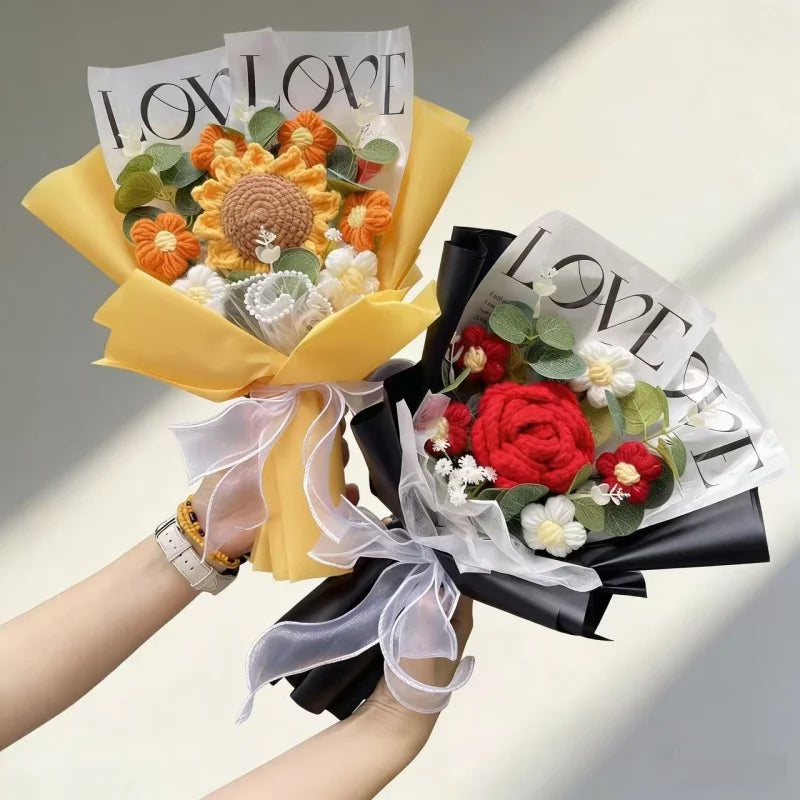 Handmade Crochet Rose & Sunflower Bouquet – Artificial Flowers for Wedding, Birthday Gift