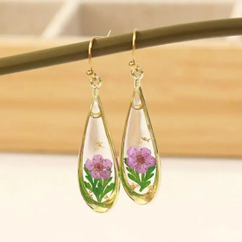 Real Pressed Flower Drop Earrings | Handmade Dried Flower Resin Teardrop Earrings | Gold Plated Botanical Jewelry