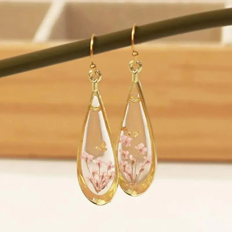 Real Pressed Flower Drop Earrings | Handmade Dried Flower Resin Teardrop Earrings | Gold Plated Botanical Jewelry