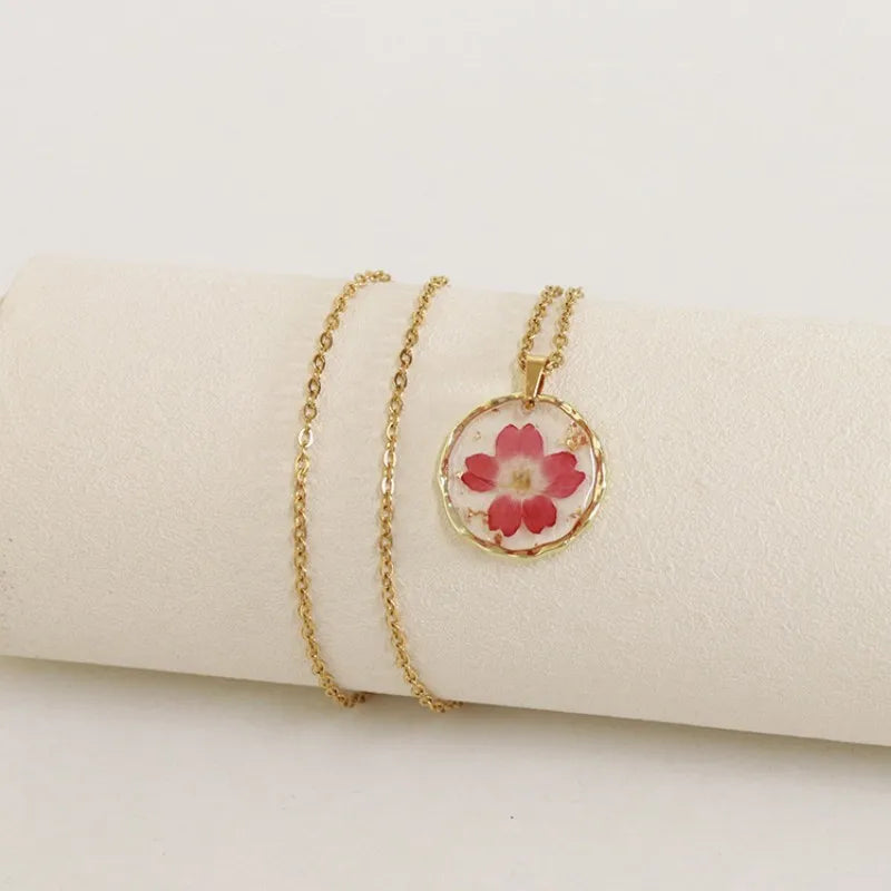 Pressed Flower Resin Necklace | Handmade Real Dried Flower Pendant | Gold Plated Botanical Jewelry