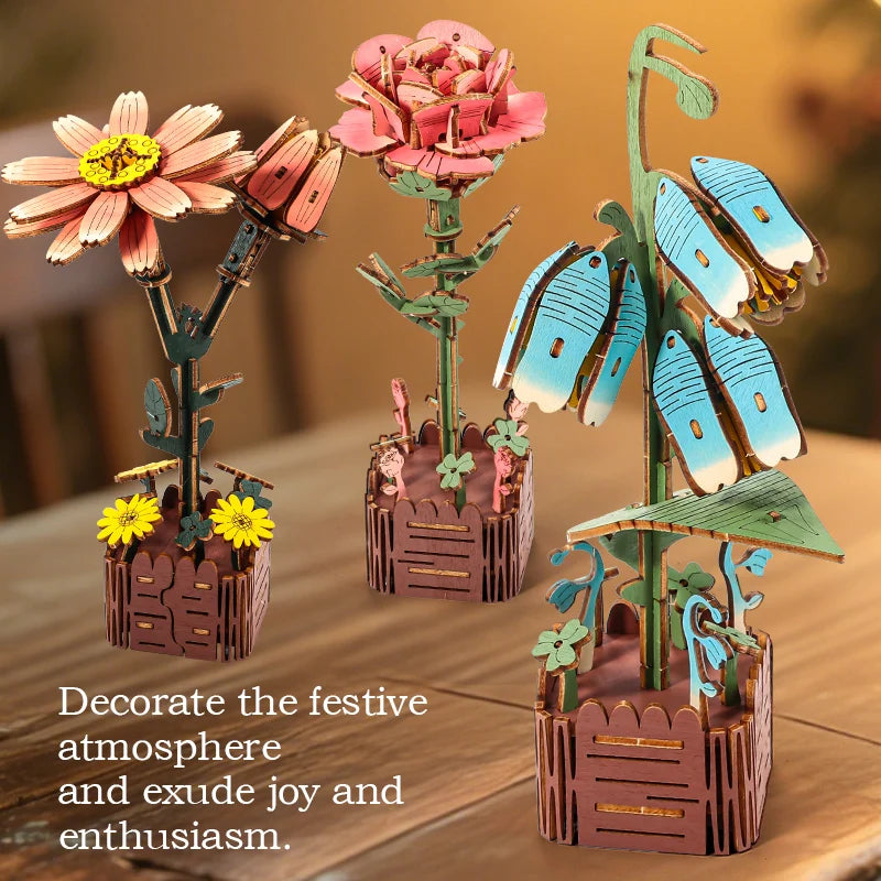 3D Woodcraft Hand-Held Flower Set Vase – DIY Puzzle Craft Kit, Home Decor Gift