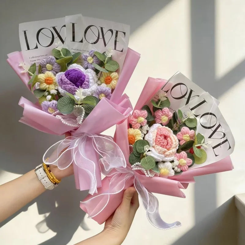 Handmade Crochet Rose & Sunflower Bouquet – Artificial Flowers for Wedding, Birthday Gift