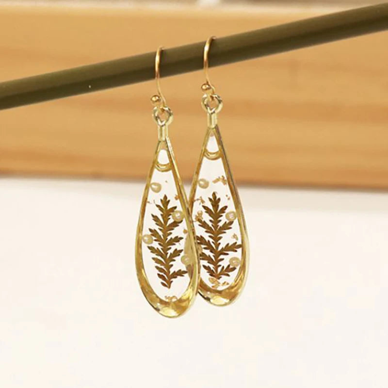 Real Pressed Flower Drop Earrings | Handmade Dried Flower Resin Teardrop Earrings | Gold Plated Botanical Jewelry