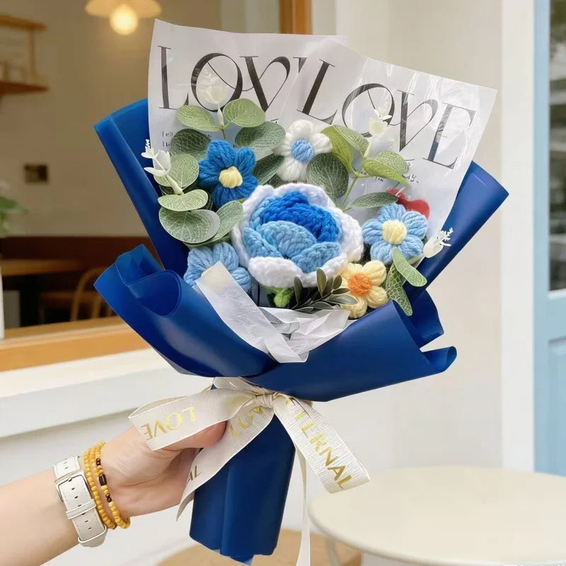 Handmade Crochet Rose & Sunflower Bouquet – Artificial Flowers for Wedding, Birthday Gift