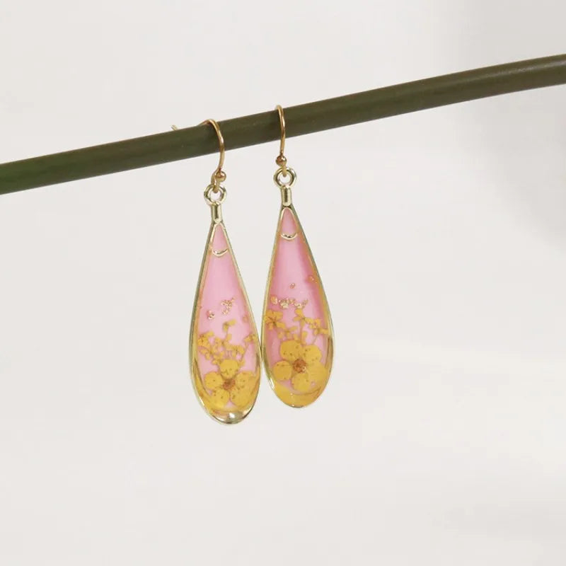 Real Pressed Flower Drop Earrings | Handmade Dried Flower Resin Teardrop Earrings | Gold Plated Botanical Jewelry