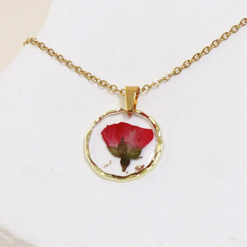 Pressed Flower Resin Necklace | Handmade Real Dried Flower Pendant | Gold Plated Botanical Jewelry