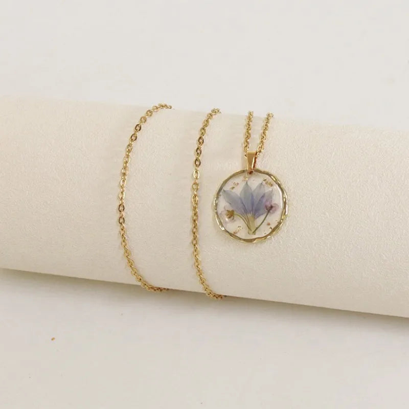 Pressed Flower Resin Necklace | Handmade Real Dried Flower Pendant | Gold Plated Botanical Jewelry