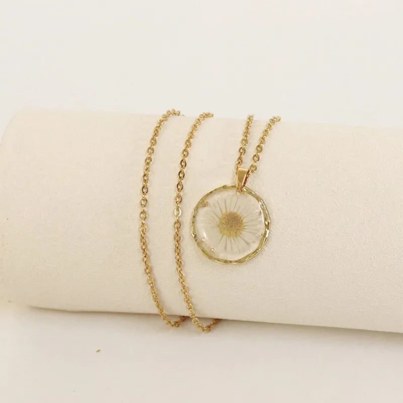 Pressed Flower Resin Necklace | Handmade Real Dried Flower Pendant | Gold Plated Botanical Jewelry