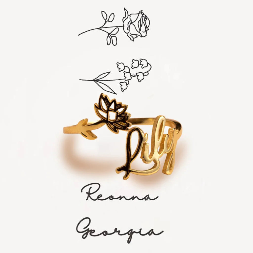 Personalized Flower Birth Month Name Ring