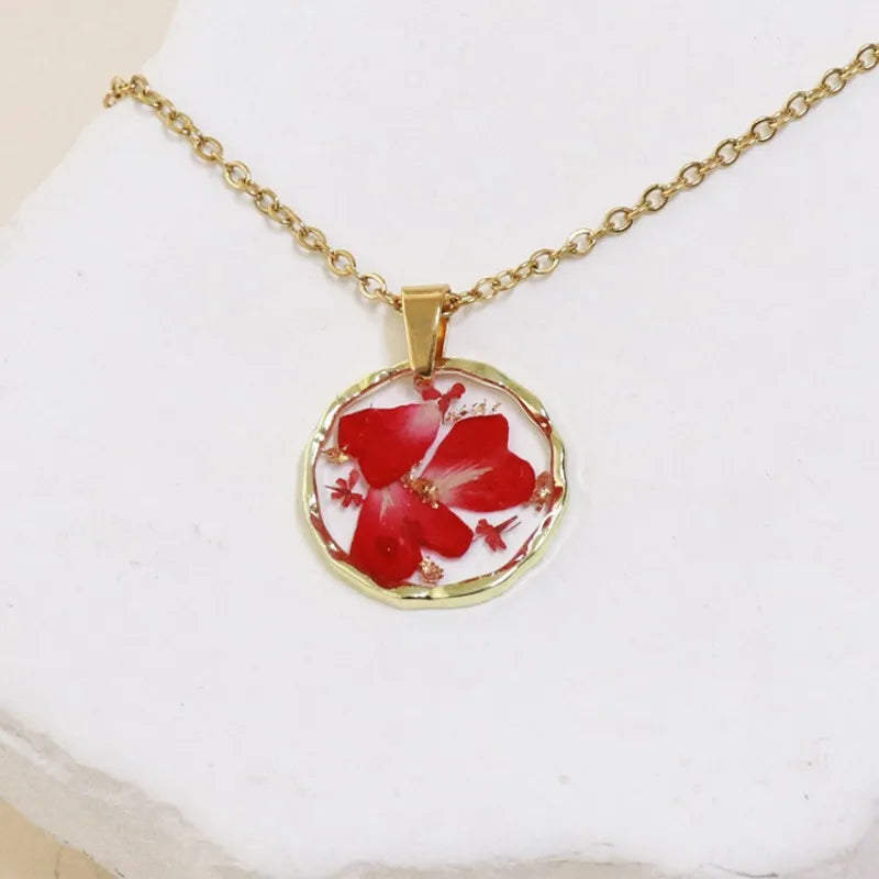 Pressed Flower Resin Necklace | Handmade Real Dried Flower Pendant | Gold Plated Botanical Jewelry
